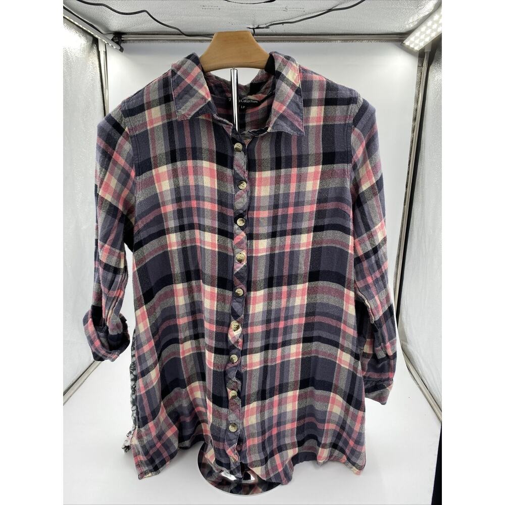 Tolani Collection Womens Pink Gray Plaid Roll Sleeve Tribal Button Down Top L